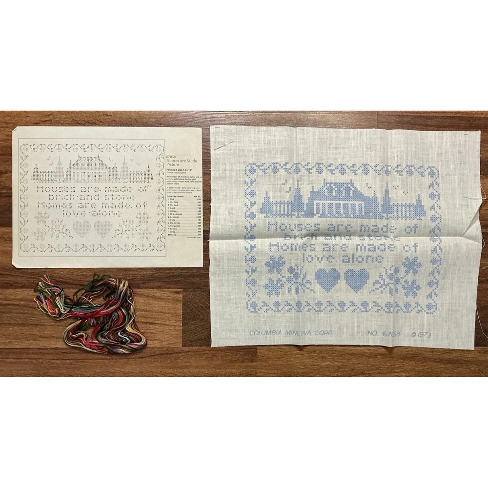 1973 Columbia Minerva HOUSES ARE MADE #67058 Cross Stitch Embroidery Kit